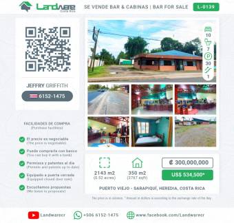 Bar Restaurant & Cabins for sale with ample parking in Puerto Viejo de Sarapiquí, Heredia