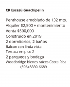 Escazu penthouse amueblado en alquiler o venta