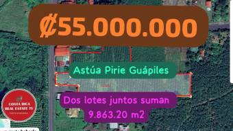 Venta TERRENO Guápiles, Astúa Pirie, Pococí.   Suma de dos terrenos, con dos frente a calle pública.